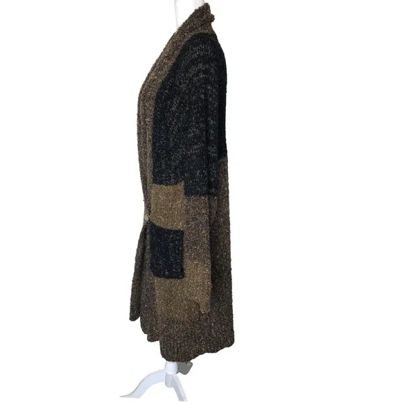 Vtg. Chicos Cardigan Sweater Duster Long Knit Open Front Pockets Brown Black | L - Picture 2 of 16